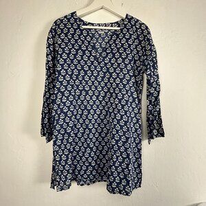 Womens Blue & White Floral Print Cotton V-neck 3/4 Sleeve Tunic Top Large Casual